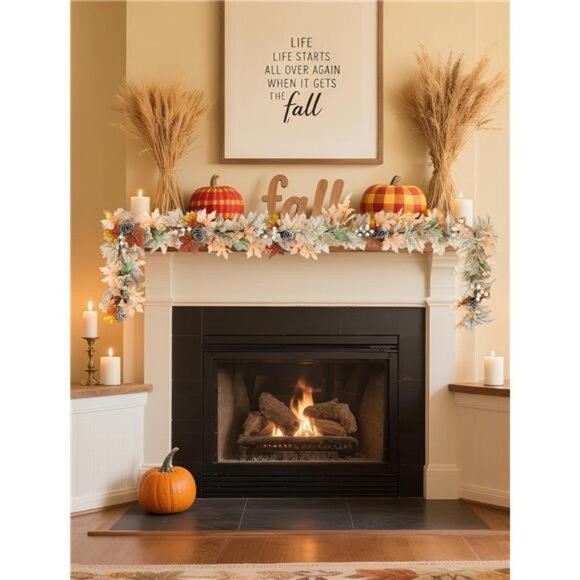 Fall Leaves Garland for Mantle: 6ft Fall Garland with 40 LED Lights - 8 modes - Picture 2 of 7